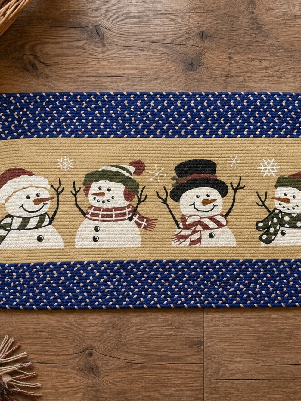Snowman Braided Runner Rug 48x20 Blue Tan Winter Holiday Christmas Decor
